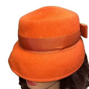 Womens 1920s Vintage Wool Felt Cloche Bucket Bowler Hat Winter Crushable Orange